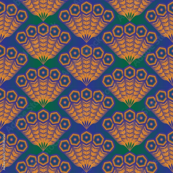 Fototapeta Seamless vector pattern of decorative peacock tail. Vibrant feathers on gradient blue to green background. Elegant and exotic fans in exotic oriental design perfect for textile. Natural and geometric