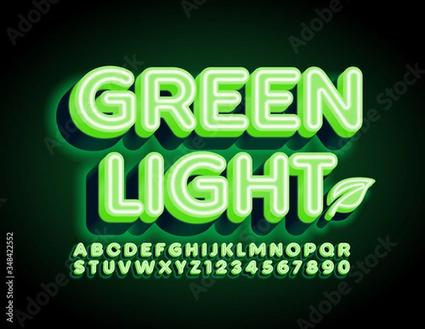 Fototapeta Vector Green Light Font with decorative Leaf. Neon electric Alphabet Letters and Numbers