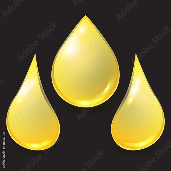 Fototapeta Vector set golden different oil or honey drops isolated on black background. 3D realistic illustration. Template for petrochemical, beekeeping or olive advertising.