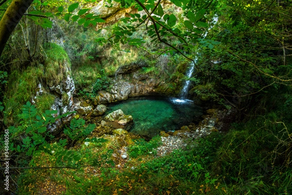 Obraz Laguna con tonos verdes rodeada de vegetación con cascada entre árboles en un lugar recóndito y salvaje de los Picos de Europa, en Caín de Valdeón