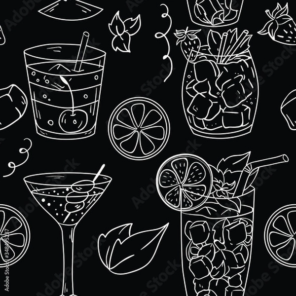 Fototapeta Seamless vector pattern with contour martini cocktail and cosmopolitan  on black background. Wallpaper, fabric and textile design. Cute wrapping paper pattern with cocktails. Good for printing.