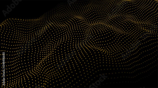 Obraz Dynamic particles wave.Big data visualization 3D. Yellow dots on black background. Digital landscape. Vector illustration.