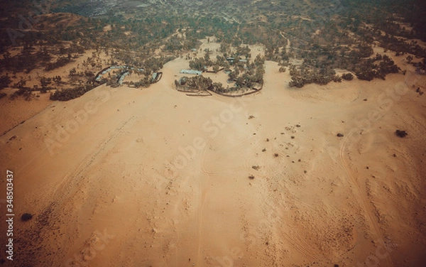 Fototapeta lompoul desert yellow sand photographed from the air in Africa camels and drivers go by caravan in Africa