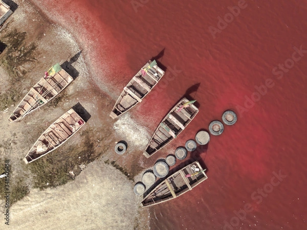 Fototapeta pink lake retba in the suburbs of Dakar photographed from a drone in Africa salt mining