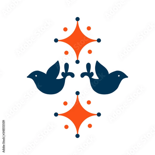 Fototapeta Folk art vector round Decorative frame with birds and flowers, Scandinavian design. flower arrangement.Retro background inspired by Swedish and Norwegian traditional style. for wedding invitations