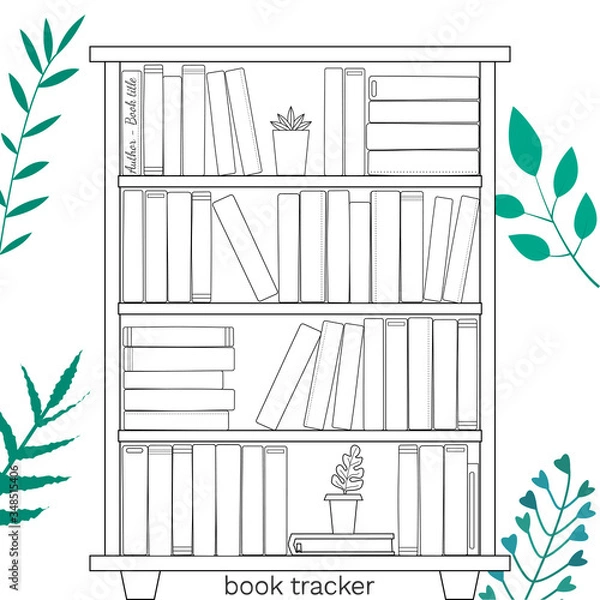 Fototapeta Vector illustration for printable with bookcase on white background. Minimalist planner of reading for journal page, habit tracker, daily planner template, blank for notebook. A4 paper sheet.