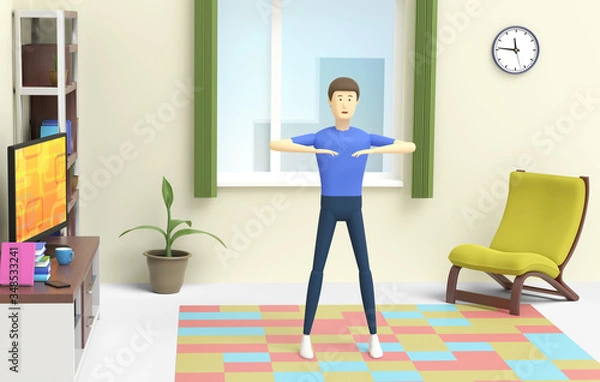Fototapeta Young man is doing physical exercises at home in the room on the carpet. 3D illustration