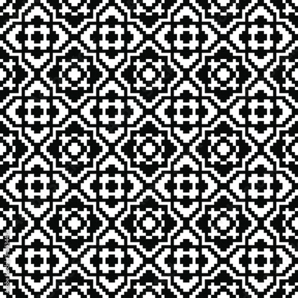 Obraz Seamless black and white geometry pattern. Floor Tile or carpet template. Pixel background, Wallpaper. Fabric pattern. Vector abstract illustration. Print design