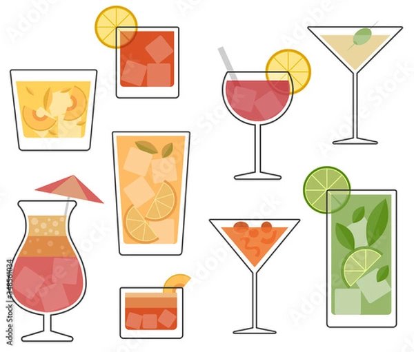 Obraz Set of classic alcohol cocktail glasses isolated on white background.Vector alcohol drinks and cocktails icon set in flat design style.