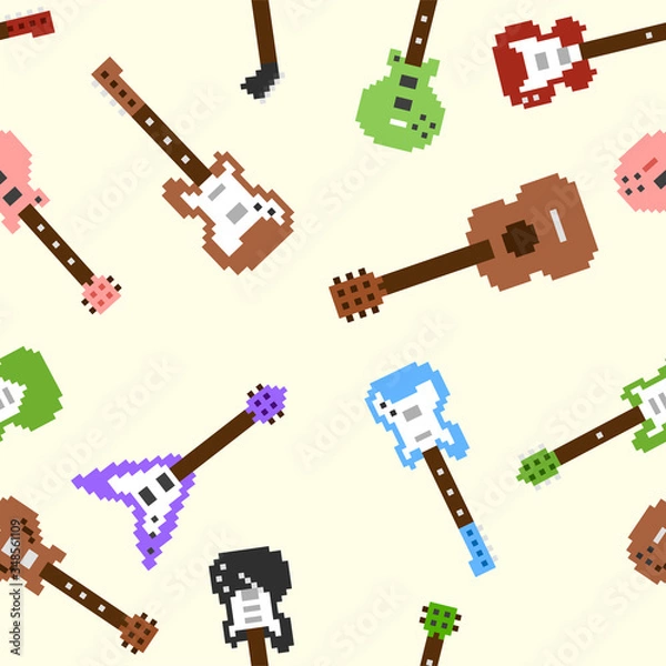 Obraz Pixel guitar icons seamless pattern. To see the other vector guitar illustrations , please check Guitars collection.