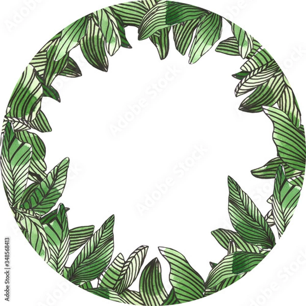 Fototapeta Tropical green succulent round frame. Abstract flowers and desert plants with lines. Isolated on white background, line art. Monochrome.