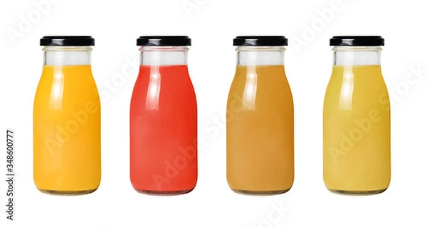Fototapeta A row of bottles with different juice on a white isolated background. Clipping path.
