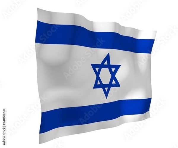 Fototapeta The flag of Israel. State symbol of the State of Israel. A blue Star of David between two horizontal blue stripes on a white field. 3d illustration