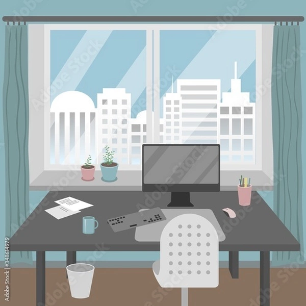 Fototapeta The home workplace with monitor, table, chair and other interioir elements.
