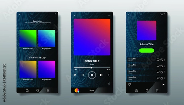 Fototapeta Social media network inspired by Spotify. Music player interface by subscription. Profile, Album, Song, Playlist mockup. Black apple music screen. Vector illustration.