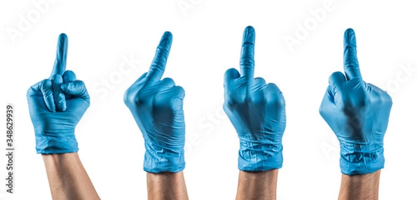 Fototapeta Varias manos con guantes de látex haciendo un gesto grosero.
