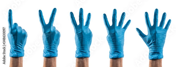 Fototapeta Varias manos con guantes de látex contando del uno al cinco con los dedos.