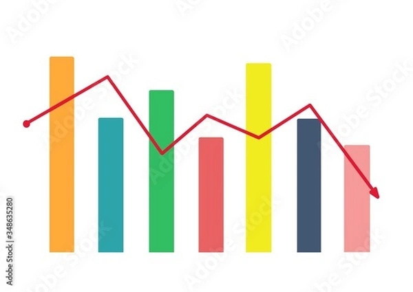 Fototapeta Declining bar chart with arrow going down cartoon illustration isolated on white background.