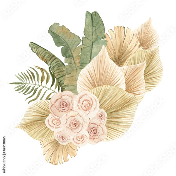 Obraz Watercolor hand-drawn boho bouquet in neutral colors with dried palm leaves and flowers. 