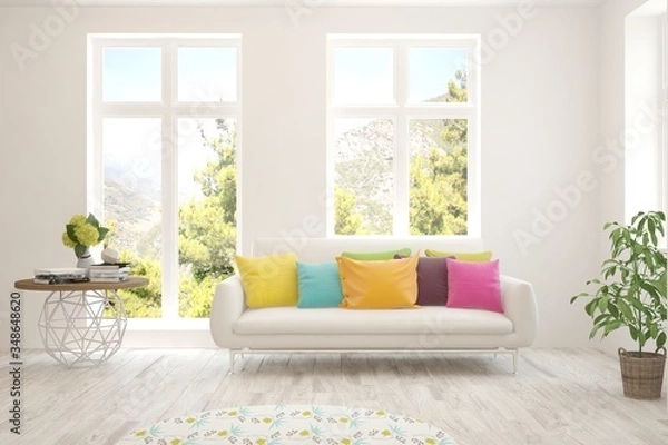 Fototapeta White living room with sofa and summer landscape in window. Scandinavian interior design. 3D illustration