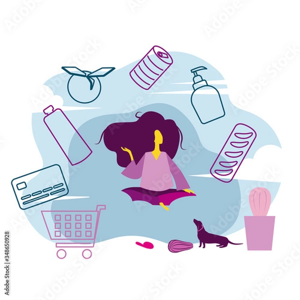 Fototapeta A woman sits on a sofa, various goods fly around her bread, canned goods, a bottle, soap, fruits. A dog sits next to her, a grocery cart on the floor, a credit card for payment. Vector illustration