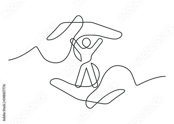 Fototapeta Continuous line drawing of human between two  hands meaning care and love.  Vector illustration