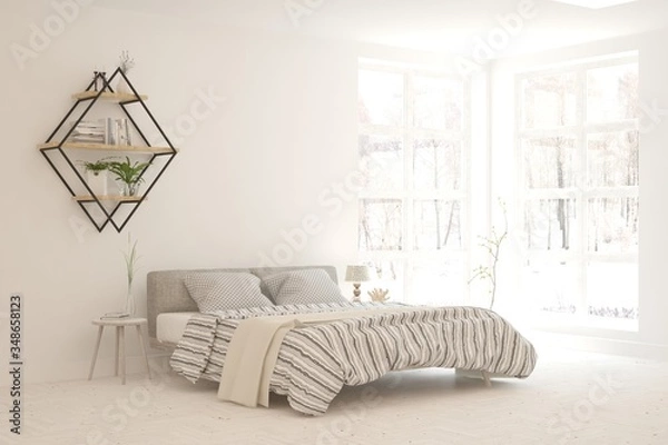 Fototapeta White bedroom interior. Scandinavian design. 3D illustration