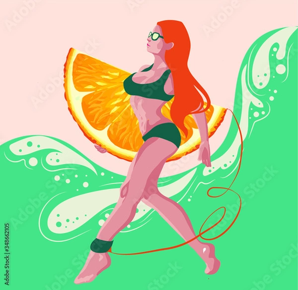 Obraz beautiful girls swim with circles in the form of oranges summer party, concept for website or application on the phone, happy summer pictures for the background, concept of relaxation
