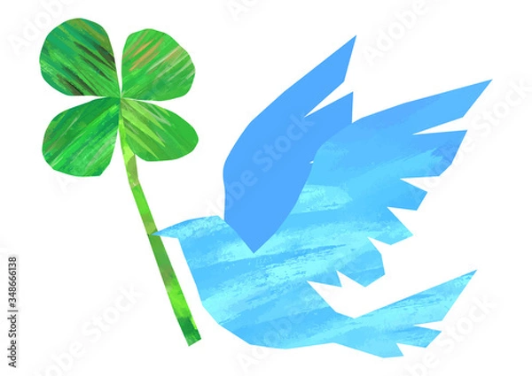Obraz ベクター　青い鳥のイラスト　四葉のクローバー
