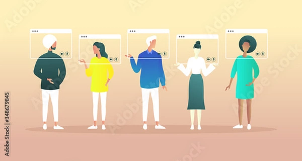 Obraz Colleagues talk to each other on the digital screen. Video call creative concept. Online conference.