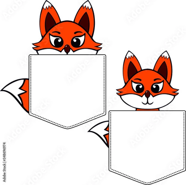 Fototapeta Fox in cartoon style. Pocket for print. Vector template for design T-shirts. Fashion graphic for apparel. Character image fox for children