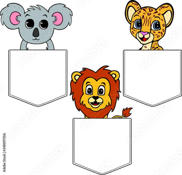 Fototapeta Koala, jaguar and lion in cartoon style. Pocket for print. Vector template for design T-shirts. Fashion graphic for apparel. Character image animals for children