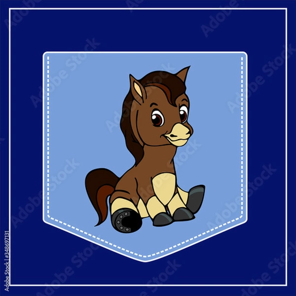 Fototapeta Foal in cartoon style. Pocket for print. Vector template for design T-shirts. Fashion graphic for apparel. Character image foal for children
