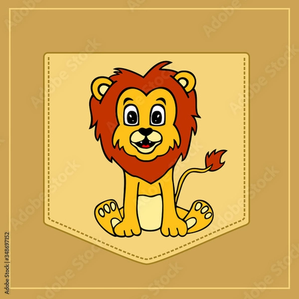 Fototapeta Lion in cartoon style. Pocket for print. Vector template for design T-shirts. Fashion graphic for apparel. Character image lion for children