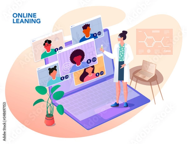 Obraz Illustrations flat design concept online education, video conferences, work from home, online meeting.