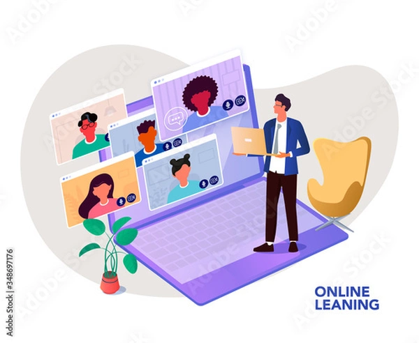 Obraz Illustrations flat design concept online education, video conferences, work from home, online meeting.