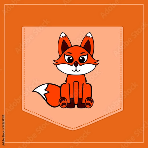 Fototapeta Fox in cartoon style. Pocket for print. Vector template for design T-shirts. Fashion graphic for apparel. Character image fox for children