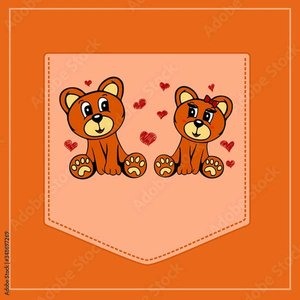 Fototapeta Enamored bears.Vector template for design T-shirts. Fashion graphic for apparel. Character image bears for children. Pocket for print. 