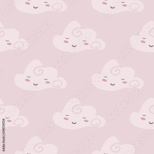 Fototapeta Sleeping cloud seamless pattern. Hand drawn character cloud sky wallpaper. Pastel colors.