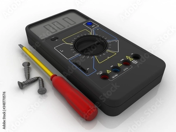 Fototapeta 3d illustration Digital electronics multi meter with screwdriver and screw