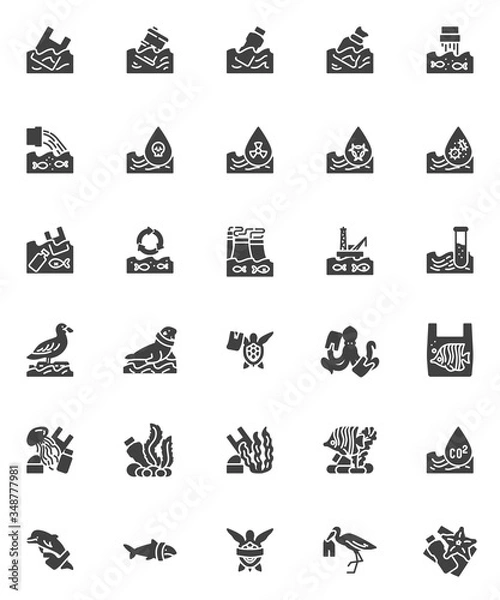 Fototapeta Water pollution vector icons set, modern solid symbol collection, ocean pollution filled style pictogram pack. Signs, logo illustration. Set includes icons as plastic bottle, industrial waste, fish