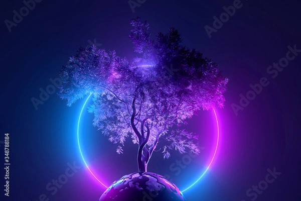 Fototapeta Abstract neon background, mystical cosmic tree sprouting through a round planet in the light of a neon glowing round frame, pink blue glowing, 3d illustration