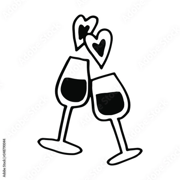 Fototapeta Two glasses of wine and a heart. Hand drawing outline doodles. Suitable for design Valentine's Day, wedding, greeting card, print.