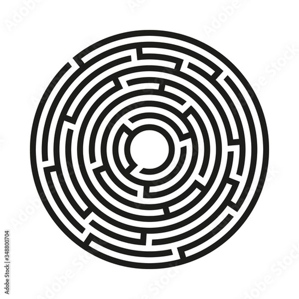 Fototapeta Black circle vector maze isolated on white background. Black labyrinth with one right way. Vector maze icon. Labyrinth symbol. Circle puzzle