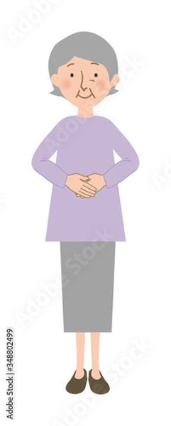 Fototapeta 手を重ねて礼儀正しいポーズをするおばあちゃんの全身ベクターイラスト