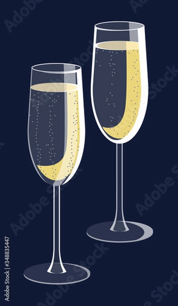 Fototapeta Two glasses of sparkling wine with bubbles. Isolated vector illustration on dark blue background. Good for cards, presentation, invitations or stickers