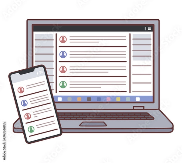 Obraz ノートパソコンとスマホのイラスト（チャットツールの画面）・主線あり
