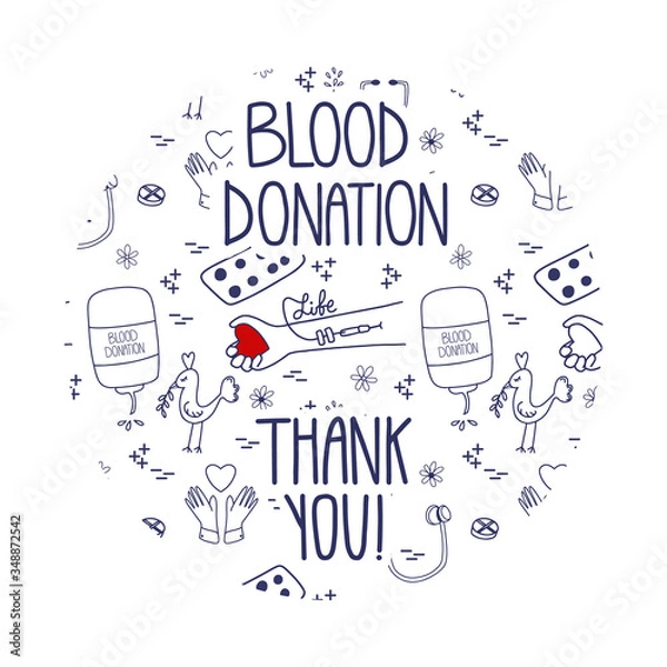 Fototapeta Doodle Blood donation illustration. Vector Thank you page website template. Lifesaver campaign graphic design. Site design with pattern background.
