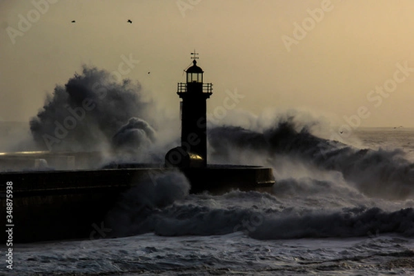 Fototapeta Entry of Douro River harbor on big stormy waves