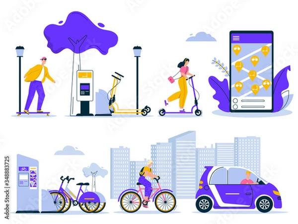 Fototapeta Vector character illustration of man, woman using rental service